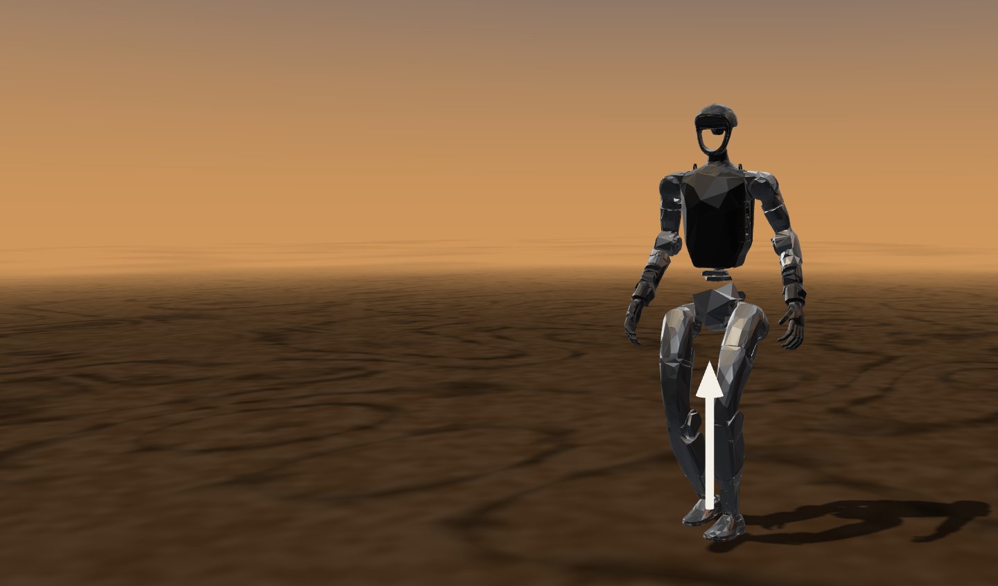 A simulated humanoid robot walking across a cracked desert hardpan at dusk. A white arrow under one foot shows the normal force, a smaller arrow shows the shear force along the terrain.